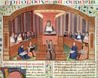 Una lezione di teologia alla Sorbona, da Postilles sur le Pentateuch, illustrazione al testo scritto da Nicolas de Lyre