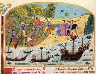 Ms 1335 f.180 La flottiglia di Alessandro Magno, da Vie d