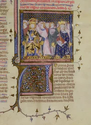 Ms 13. fol 232 Incoronazione di Luigi IX (121415-70) e probabilmente di Federico II (1194-1250), da un Salterio di Pierre Lombard, inizio XV secolo