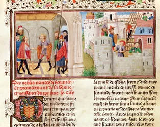 Ms 149 t.1 fol.16 Un accordo e la costruzione di un castello, dalla Histoire des Nobles Princes de Hainaut, di Jacques de Guise