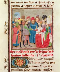 Ms 149 t.1 fol.95 Scena di matrimonio, dalla Histoire des Nobles Princes de Hainaut, di Jacques de Guise