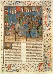 Scena di torneo, dalla Histoire des Nobles Princes de Hainaut, di Jacques de Guise