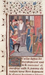 Ms 149 t.3 fol.95v Nomina di due cavalieri, da Histoire des Nobles Princes de Hainaut, di Jacques de Guise