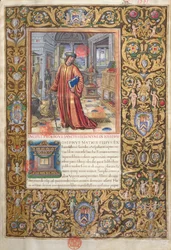 Flavio Giuseppe nel suo studio, illustrazione per il Prologo delle Antichità giudaiche (Antiquitates Judaicae) di Flavio Giuseppe