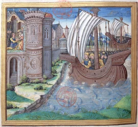 Illustrazione dal Libro XVI (Dal completamento del Tempio da parte di Erode alla morte di Alessandro e Aristobulo), Capitolo 1 delle Antichità giudaiche (Antiquitates Judaicae) di Flavio Giuseppe
