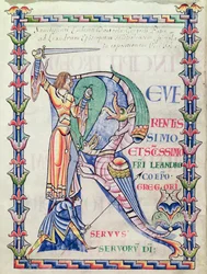 Ms 168 f.4v Iniziale istoriata R raffigurante un cavaliere che combatte un drago, da Moralia in Job di papa Gregorio Magno