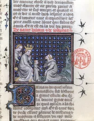 Ms 1729 Educazione del figlio di un re, illustrazione per la storia di Balaam e Josephat dalla Legenda Aurea di Jacopo da Varagine, c.1370