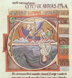 Iniziale istoriate E che raffigura Giona gettato in mare, dalla Bibbia di Souvigny, fine XII secolo