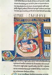 Ms 1 fol.185v Iniziale istoriata A raffigurante Daniele nella fossa dei leoni, dalla Bibbia di Souvigny