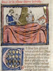 Ms 22 fol.30 La nascita dei gemelli Giacobbe ed Esaù, miniatura dalla Bibbia Historiale di Guiart des Moulins