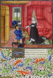 Lo scriba dedica La Teseida a una giovane donna sconosciuta, da La Teseida, di Giovanni Boccaccio (1313-75) 1340-41