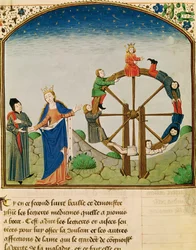 Ms 3045 fol.22v Boezio con la Ruota della Fortuna, da De Consolatione Philosophiae, tradotto da Jean de Meung