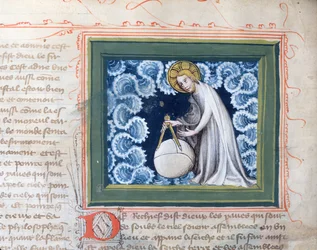 Dio crea il mondo, miniatura dalla Bibbia dei Grandi Agostiniani, 1494