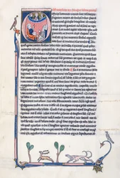 Ms 3458, iniziale istoriata O che raffigura il filosofo greco antico Aristotele, che insegna a un gruppo di chierici dell