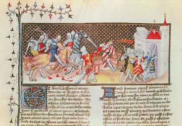 Ms 3479 t.1 fol.558 Scena di cavalieri che combattono, dal Libro di Messire Lancillotto del Lago