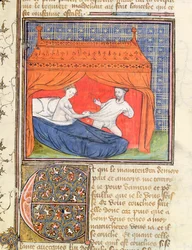Ms 3480 Lancillotto che tenta di fuggire da una donna in un letto, dal Livre de Messire Lancelot du Lac
