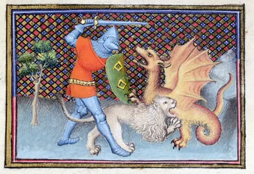 Ms 3480 Yvain, il cavaliere con il leone, combatte un drago, miniatura dal Roman de Lancelot, dettaglio