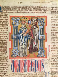 Ms 354 fol.9 Miniatura di un vescovo e un re dal Decretum Gratiani, XIV secolo