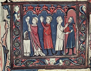 Ms 364 fol.111 Scena di scomunica, dalle Decretali di Jean Andre, XIII-XIV secolo