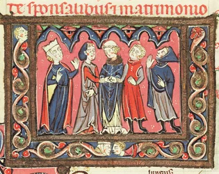 Ms 364 fol.166 Un matrimonio, illustrazione dai commentari di Johannes Andreae sui Decretali papali