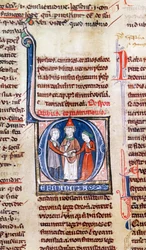 Ms 365 fol.318v Iniziale istoriata D raffigurante un matrimonio, dai Decretali di Gregorio IX