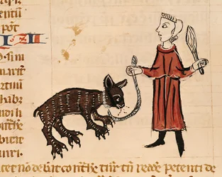 Ms. 372, fol. 241v: Un ammaestratore di orsi, dal Decretum Gratiani