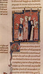 Ms 372 fol.59v Una suora che prende i voti e messa celebrata da un vescovo, dai Decreti di Graziano