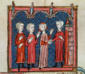 Ms 372 fol.6v Fornicazione e crimine commesso da un sacerdote, da "Decrets de Gratien" (pergamena)