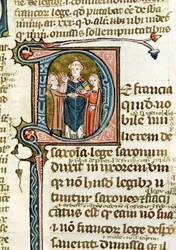 Ms 376 f.320 Iniziale istoriata D raffigurante un sacerdote che benedice un matrimonio, da Les Gregoriennes