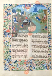 Ms 3878 Scene di battaglia, uccisione e inferno da De Casibus Virorum Illustrium di Giovanni Boccaccio (1313-75)