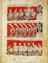 Ms 406 fol.6 Scene della vita degli studenti del Collegio di Hubant o del Collegio della Beata Vergine a Parigi, dagli Statuti del Collegio di Hubant, 1387