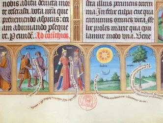 Ms 412 Libro delle Ore con illustrazioni di pellegrini, ebrei, sole, luna e mirto