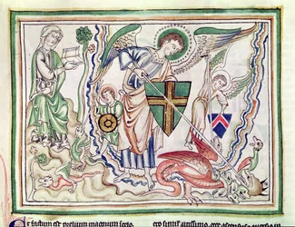 Ms 422 fol.47v San Michele che uccide il drago, da un