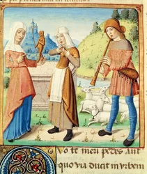 Ms 493 fol.15v Il pastore Menalca e il suo amore non corrisposto, da Le Bucoliche di Virgilio con un commento di Servio, 1469