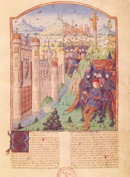 Ms 493 fol.1r Le opere di Virgilio con commento di Servio, Le Bucoliche, Re seduto sul trono circondato dalle sue guardie davanti a una città fortificata, Francia, 1469