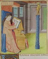 Ms 493 fol.29r Virgilio che scrive davanti ad Artemide, da Le Georgiche di Virgilio con commento di Servio, 1469