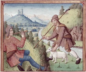Ms 498 f.3v Titiro incontra Melibeo, da Le Bucoliche di Virgilio con un commento di Servio, 1469