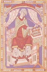 Ms 501 fol.5v Baudemond che scrive, da Vie et Miracles de Saint Amand