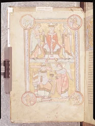 Ms 512 fol.4v San Gregorio Magno (c.540-604) tra suo padre, Gordien, e sua madre, Silvia e un uomo annegato come angelo, da Liber Pastoralis