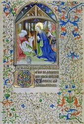 La Vergine e Giuseppe adorano il Cristo neonato, da un Libro d