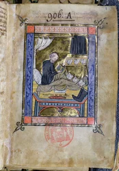 Ms 753 Fol.9 Monaco che scrive nel suo letto, da Flores Bernardi di Guillaume de Tournai