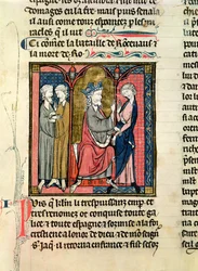 Carlo Magno (742-814) invia Ganelon ai re di Saragozza, Marsilio e Baligante, dalle Cronache di Saint-Denis, c.1275