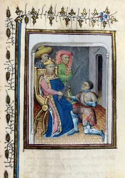 Carlo V (1338-80) restituisce la Spada del Gran Conestabile a Bertrand du Guesclin (c.1320-80) dalla Histoire de Du Guesclin dopo il poema di Cuvelier, inizio XV secolo