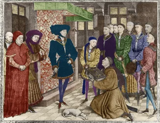 Ms 9242 Cronache di Hainaut, Filippo il Buono, Duca di Borgogna, presentato con la traduzione delle Cronache di Jean Vauquelin, Carlo il Temerario da bambino alla sua sinistra (colorazione successiva)