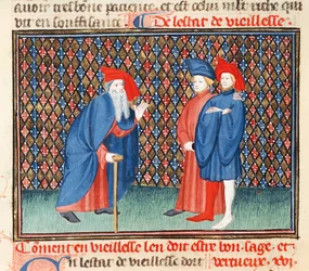 Ms Fr 1023 fol.57v Come gli anziani devono essere buoni, saggi e virtuosi, dal Libro dei Buoni Costumi, di Jacques le Grant (1360-1415)