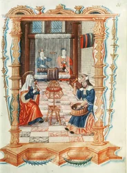 Ms Fr 1537 Fol.36 La Vergine Maria che tesse in un laboratorio, da Chants royaux sur la Conception couronnée du Puy de Rouen