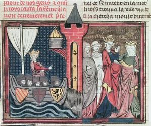 Ms Fr 22495 Fol.101 Baldovino I attraversa il fiume Giordano e rinuncia a sua moglie, da Le Roman de Godefroi de Bouillon, 1337