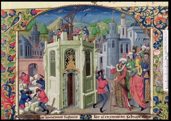 Ms Fr 2629 fol.17 Il sultano Omar avvia la ricostruzione del Tempio di Gerusalemme, dalla Histoire de la conquête de Jérusalem di Guglielmo di Tiro (c.1130-85) c.1470