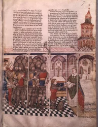 Ms Fr 343 fol. 7 La ricerca del Santo Graal e la morte di Artù, cavaliere che presta giuramento