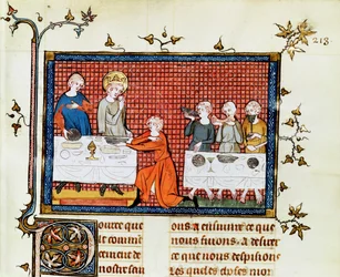 Ms. Fr. 5716 f.213 San Luigi che nutre i poveri, dalla Vita e miracoli di San Luigi, c.1330-40